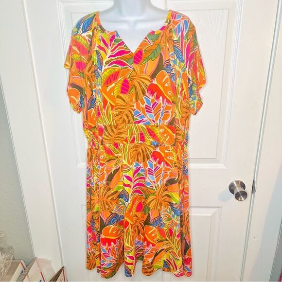 C&C California Floral Tropical Jersey Dress Short Sleeve Orange Plus Size 1X NWT - Picture 2 of 11